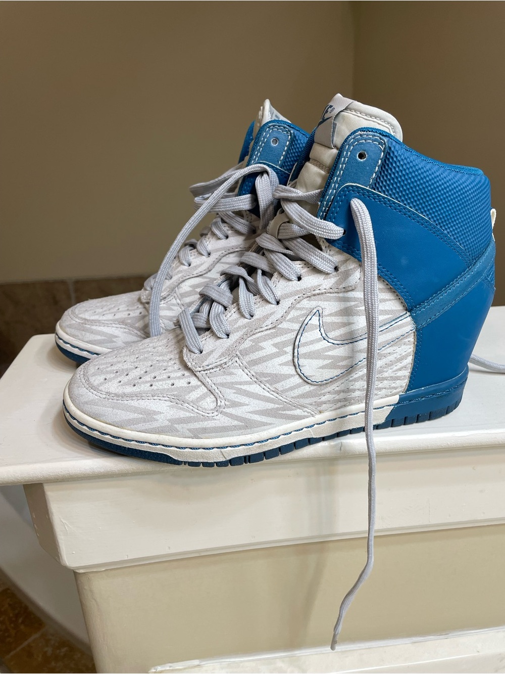 Nike Sky Hi Dunks White and Blue High-Top Wedge Sneakers